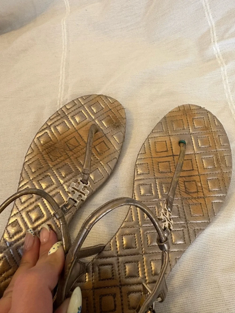 Tory Burch Marion Quilted‎ Leather T-Strap Sandal Mica Size 5